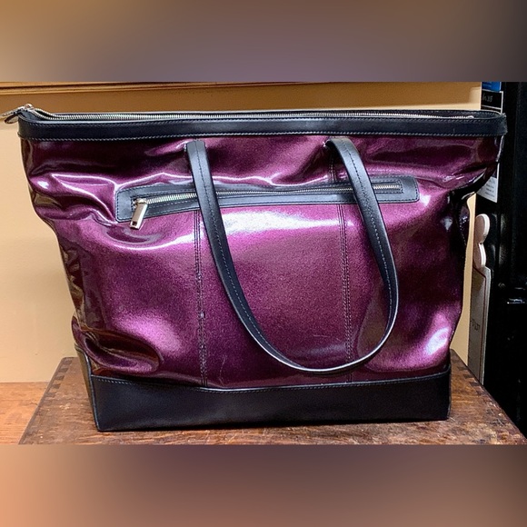 LODIS Black Leather Purple Aluminum Flash Laptop Tote Overnight Handbag Purse - Picture 1 of 16